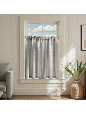 Charcoal Striped Linen Kitchen Tier Curtains, 36 Inch, 2 Panels for Home Decor
